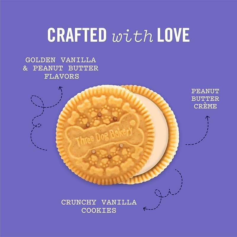Three Dog Bakery Lick'n Crunch! Golden & Peanut Butter Dog Sandwich Cookies - Crunchy Vanilla & Creamy Peanut Butter Flavored Dog Treats, Cookies for Dogs, Dog Birthday Cookies, Dog Training Treats - Image 4