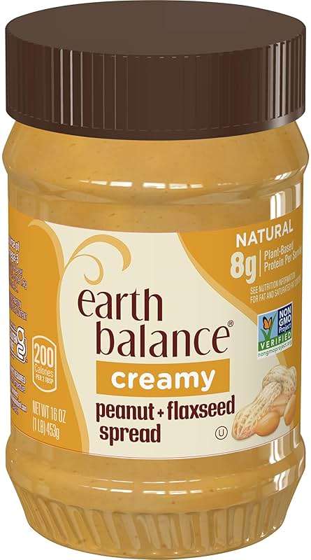 Earth Balance Creamy Peanut Butter and Flaxseed Spread, Vegan and Gluten Free, 16 oz - Image 1