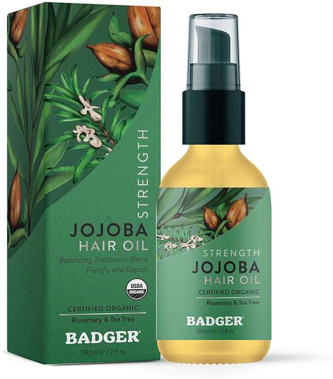 Badger Organic Jojoba Hair Oil & Dry Scalp Treatment, Soothing & Moisturizing Itchy Dry Scalp Oil, Rosemary Hair Oil, Organic Jojoba Oil Hair & Scalp Moisturizer, 2 fl oz Glass Bottle - Image 1