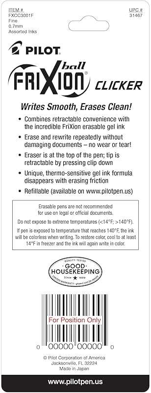 PILOT FriXion Clicker Erasable, Refillable & Retractable Gel Ink Pens, Fine Point, Black/Blue/Red Inks, 3-Pack (31467) - Image 3