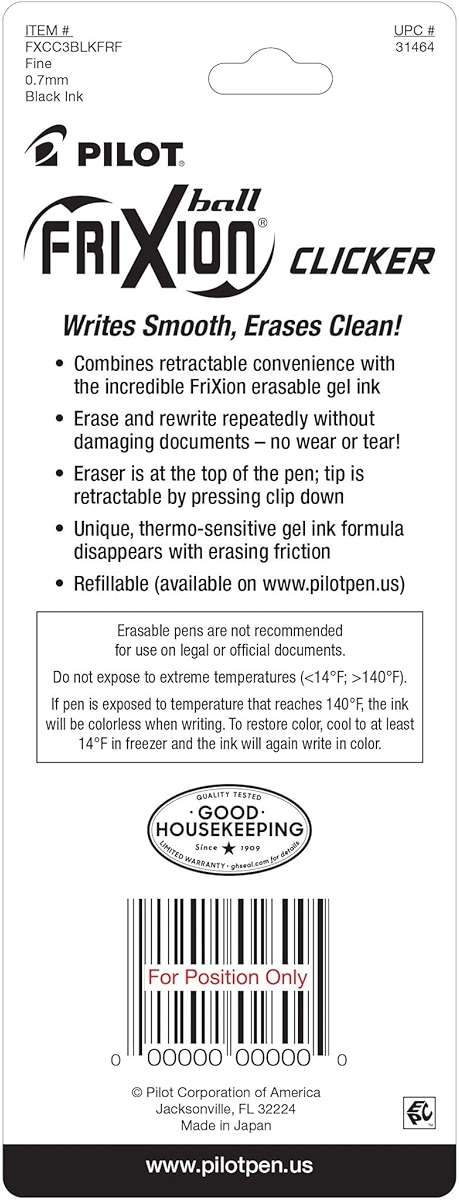 PILOT FriXion Clicker Erasable Pens, Refillable & Retractable Gel Ink Pens, Fine Point 0.7 mm, Black Ink, 3-Pack - Ideal for School, Journaling, & Office Writing - Image 3