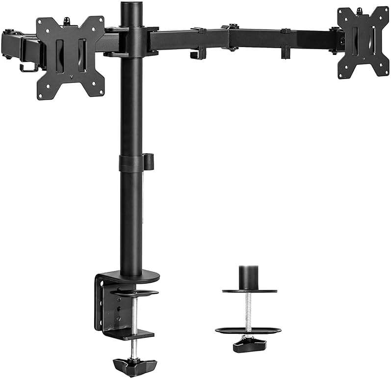 VIVO Dual Monitor Desk Mount, Holds 2 Computer Screens up to 30 inches and 22lbs Each, Heavy Duty Fully Adjustable Steel Stand with C-Clamp and Grommet, Black, STAND-V002 - Image 1