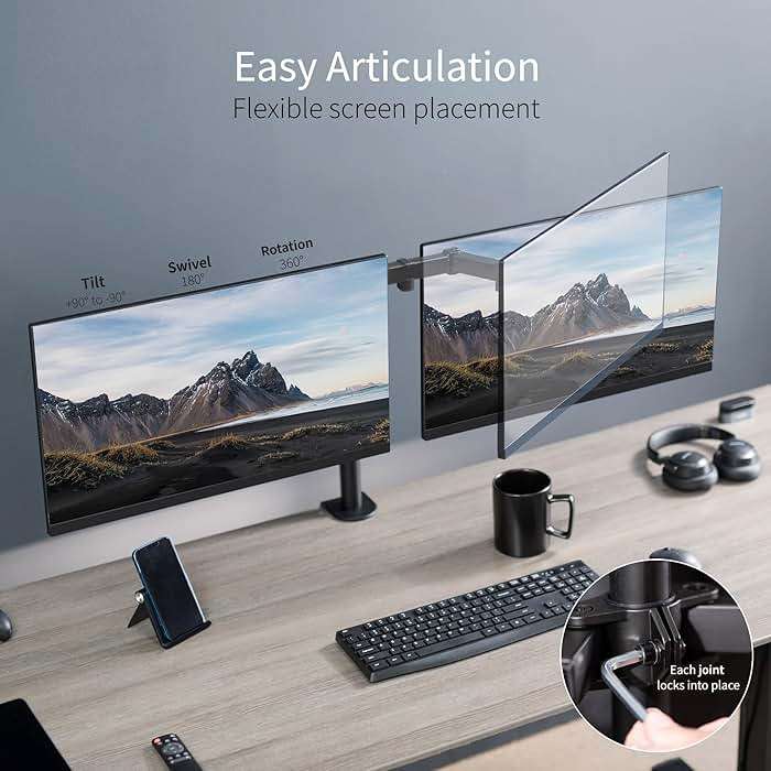 VIVO Dual Monitor Desk Mount, Holds 2 Computer Screens up to 30 inches and 22lbs Each, Heavy Duty Fully Adjustable Steel Stand with C-Clamp and Grommet, Black, STAND-V002 - Image 3
