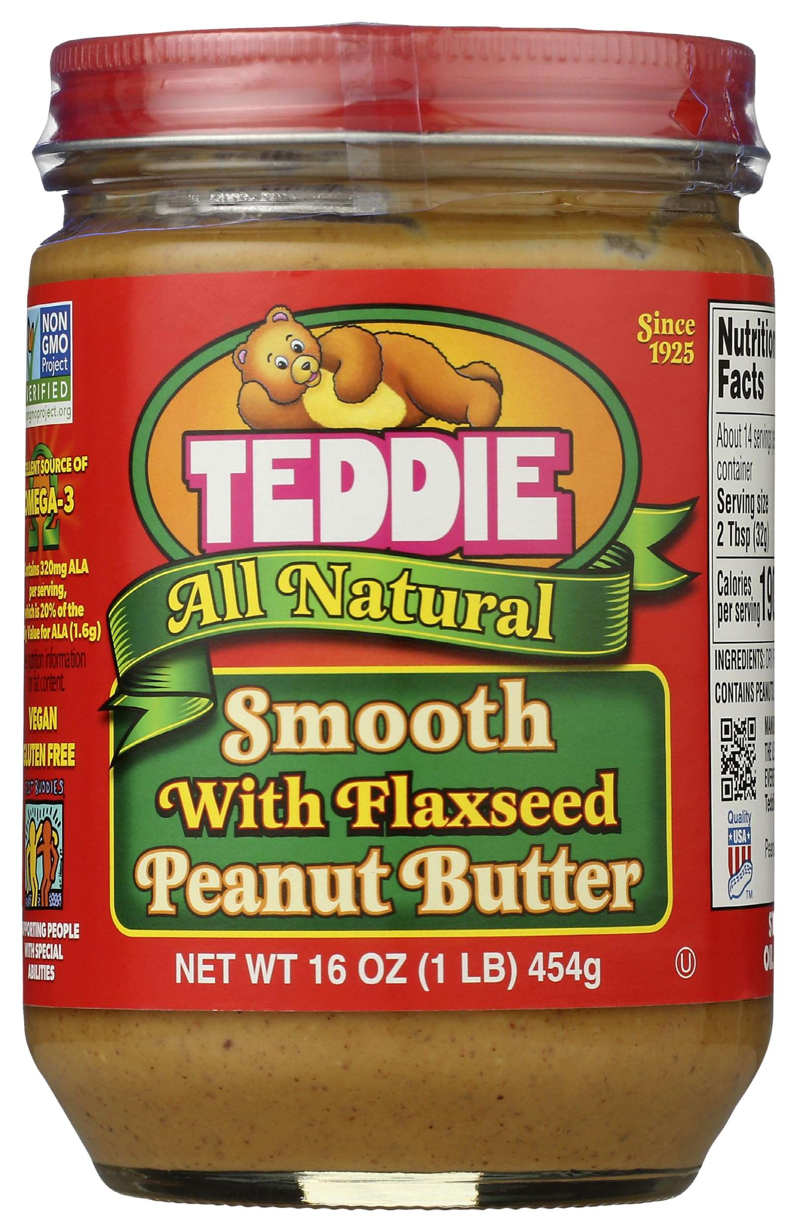 Teddie Smooth All Natural Peanut Butter with Flaxseed, 16 Ounce - Image 1