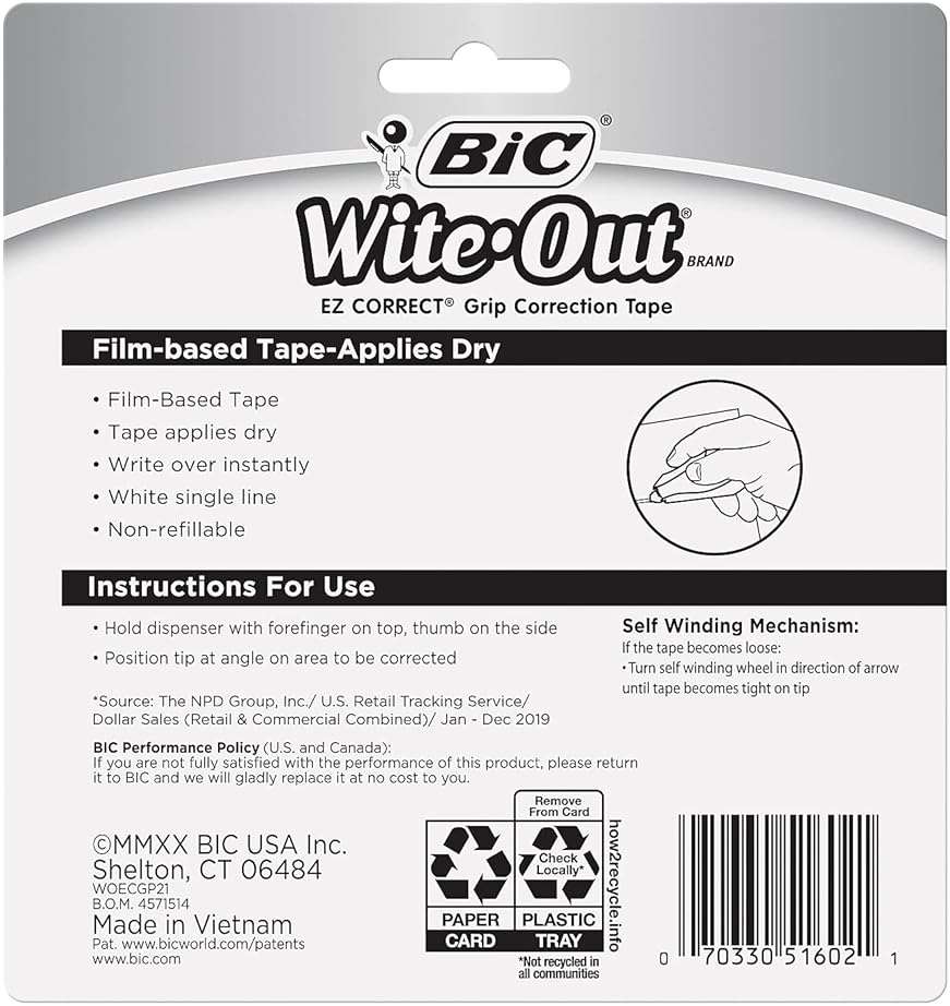 BIC Wite-Out Brand EZ Correct Grip Correction Tape, 33.5 Feet, Fast, Clean and Easy to Use Tear-Resistant Tape, 2-Count - Image 6