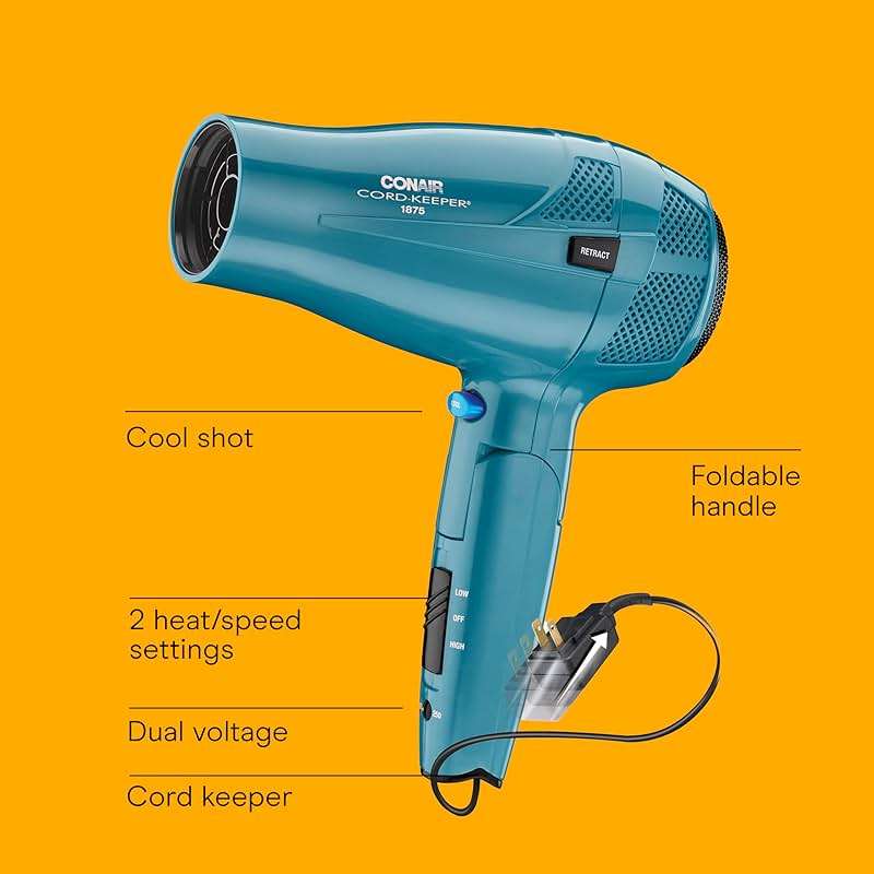 Conair Travel Hair Dryer | 1875W Dual Voltage Folding Handle Retractable Cord, for All Hair Types, Teal, 289L - Image 2