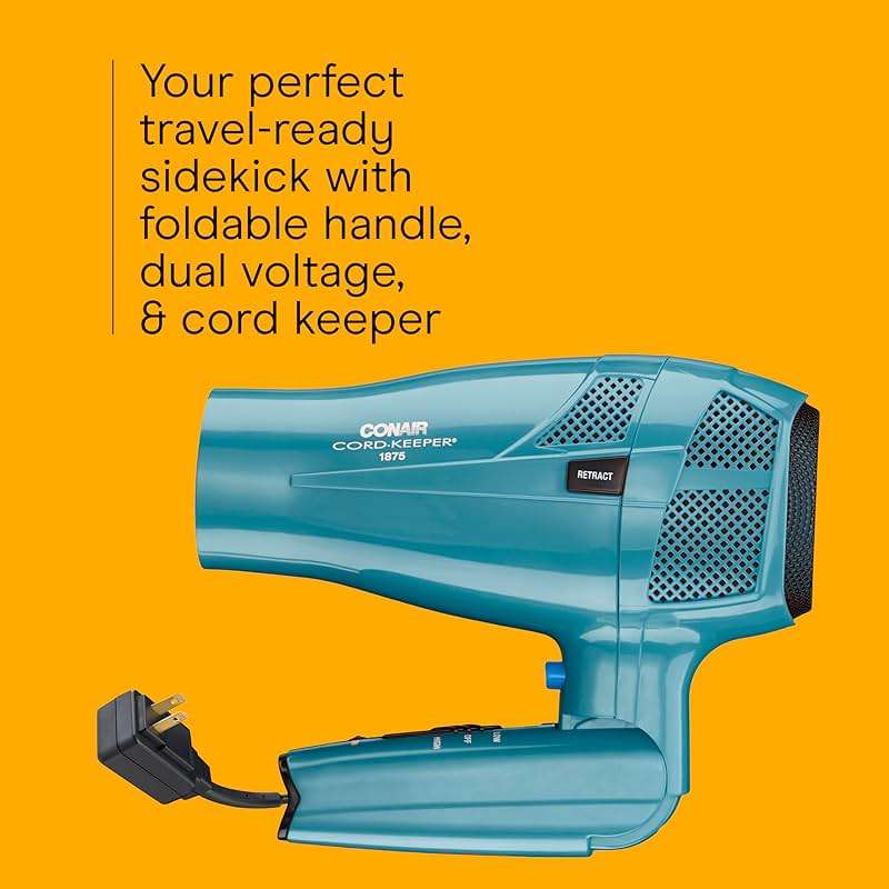 Conair Travel Hair Dryer | 1875W Dual Voltage Folding Handle Retractable Cord, for All Hair Types, Teal, 289L - Image 3
