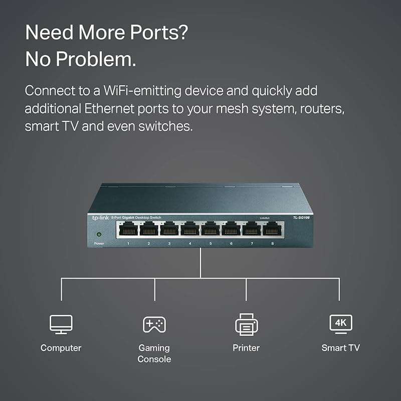 TP-Link 8 Port Gigabit Ethernet Network Switch - Ethernet Splitter | Plug & Play | Fanless | Sturdy Metal w/ Shielded Ports | Traffic Optimization | Unmanaged | Lifetime Protection (TL-SG108) - Image 5