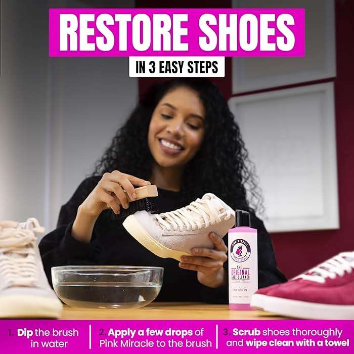 Pink Miracle Shoe Cleaner Kit with Bottle and Brush For Fabric Cleaner For Leather, Whites, Suede and Nubuck Sneakers - Image 5