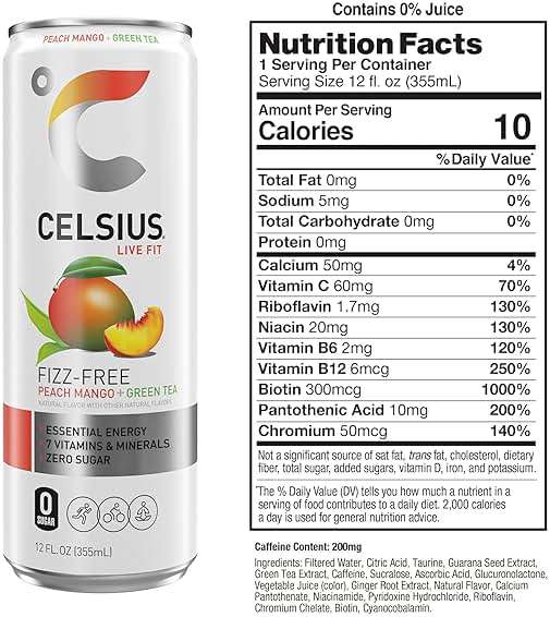 CELSIUS Fizz Free Peach Mango Green Tea, Sugar Free Energy Drink, 12 Fl Oz (Pack of 12) - Image 2