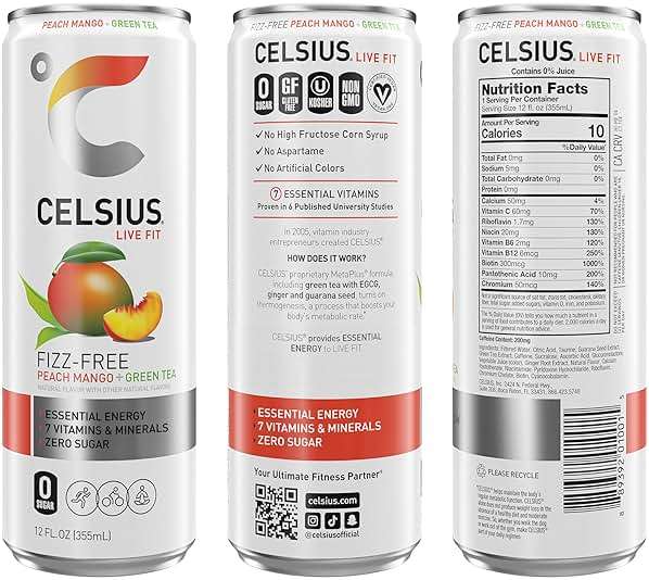 CELSIUS Fizz Free Peach Mango Green Tea, Sugar Free Energy Drink, 12 Fl Oz (Pack of 12) - Image 3