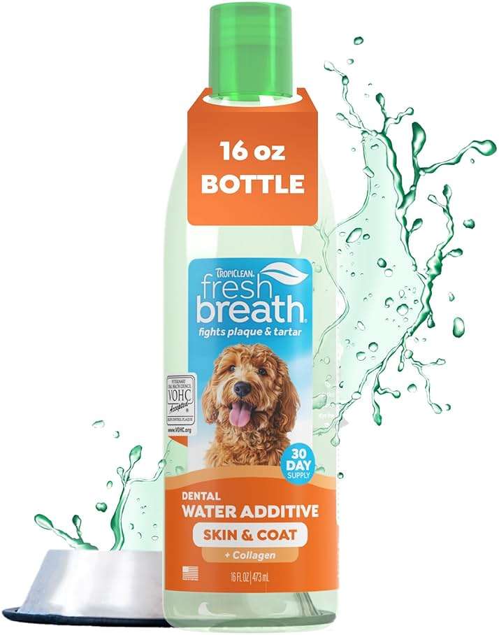 TropiClean Fresh Breath Water Additive for Dogs with Collagen, Skin Health Support for Dogs, Breath Freshener and Teeth Cleaning Solution, 16oz. - Image 1