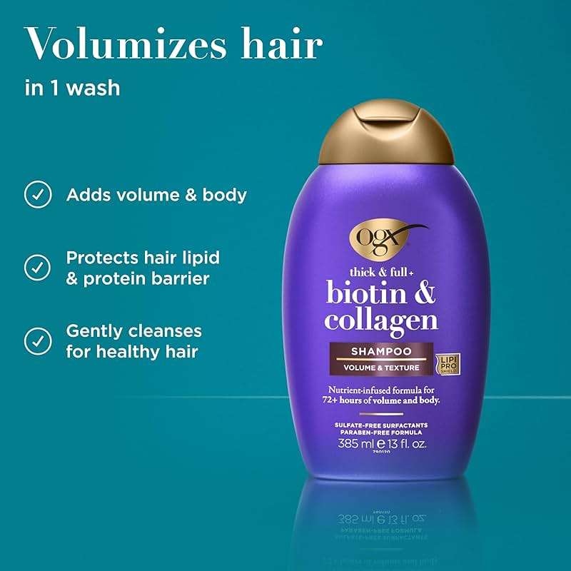 OGX Thick & Full + Biotin & Collagen Volumizing Shampoo, Nutrient-Infused Hair Shampoo with Vitamin B7 Biotin Gives Hair Volume & Body for 72+ Hours, Sulfate-Free Surfactants, 13 fl. oz - Image 2