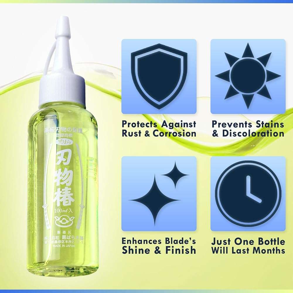 Yoshihiro 100% Pure Tsubaki Japanese Knife Maintenance Oil 3.4oz(100ml) with Complimentary Sabitori Rust Eraser and Microfiber Cloth - Image 4
