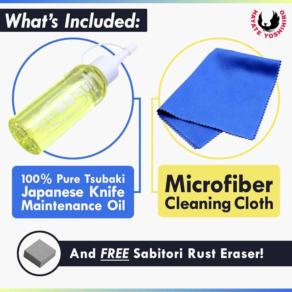 Yoshihiro 100% Pure Tsubaki Japanese Knife Maintenance Oil 3.4oz(100ml) with Complimentary Sabitori Rust Eraser and Microfiber Cloth - Image 5