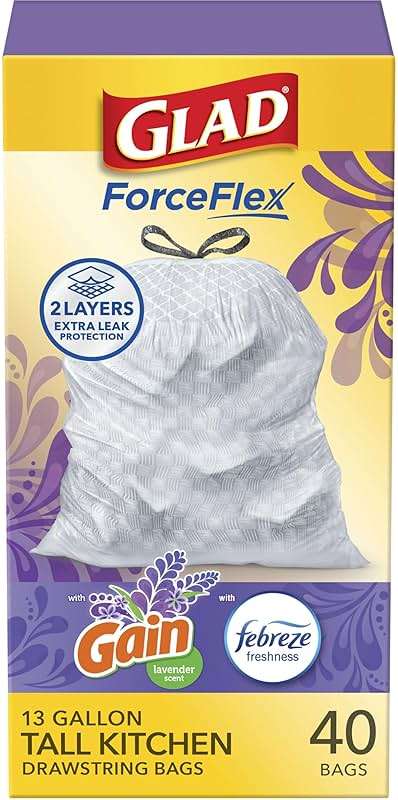 Glad ForceFlex Tall Kitchen Trash Bags, 13 Gal, Gain Lavender with Febreze, 40 Ct (Pack May Vary) - Image 1