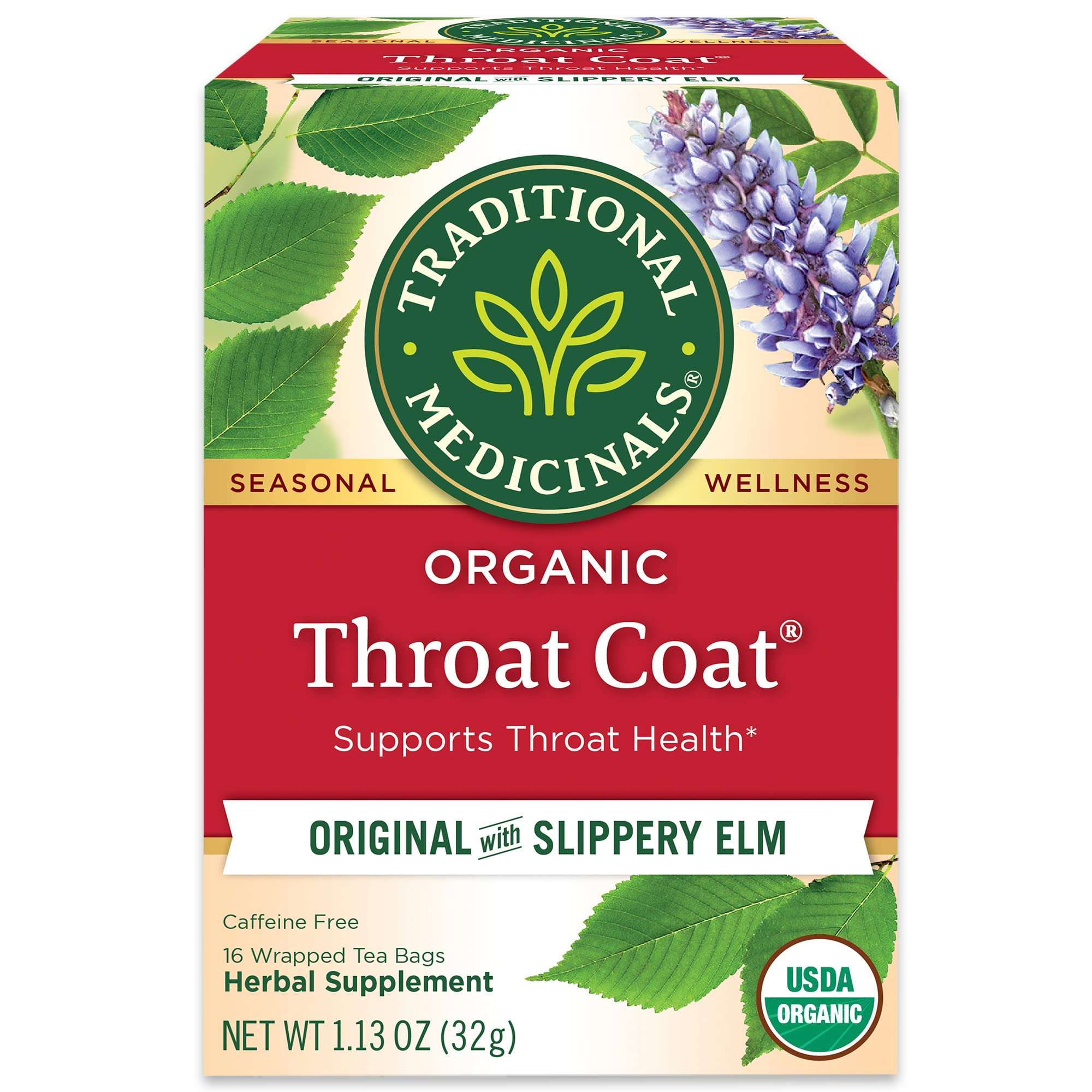 Traditional Medicinals Organic, Throat Coat Tea, Original with Slippery Elm - Supports Throat Health - Kosher, Non-GMO, Caffeine-Free, Compostable - 16 Tea Bags - Image 1