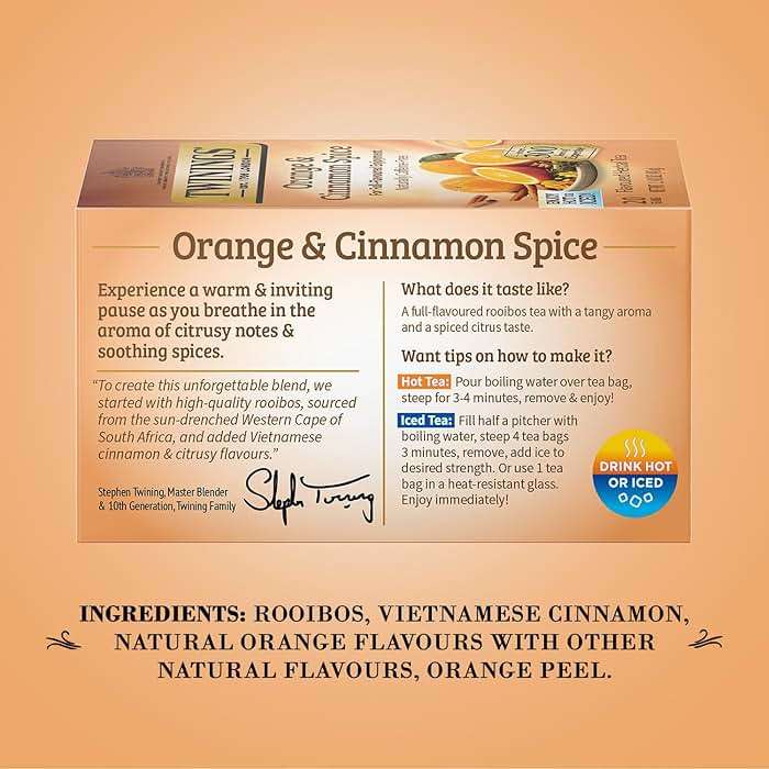 Twinings Orange & Cinnamon Spice Tea, Naturally Caffeine-Free Sweet and Spicy Tea with Rooibos, Orange, and Cinnamon, Herbal Tea Bags Individually Wrapped, 20 Count - Image 2