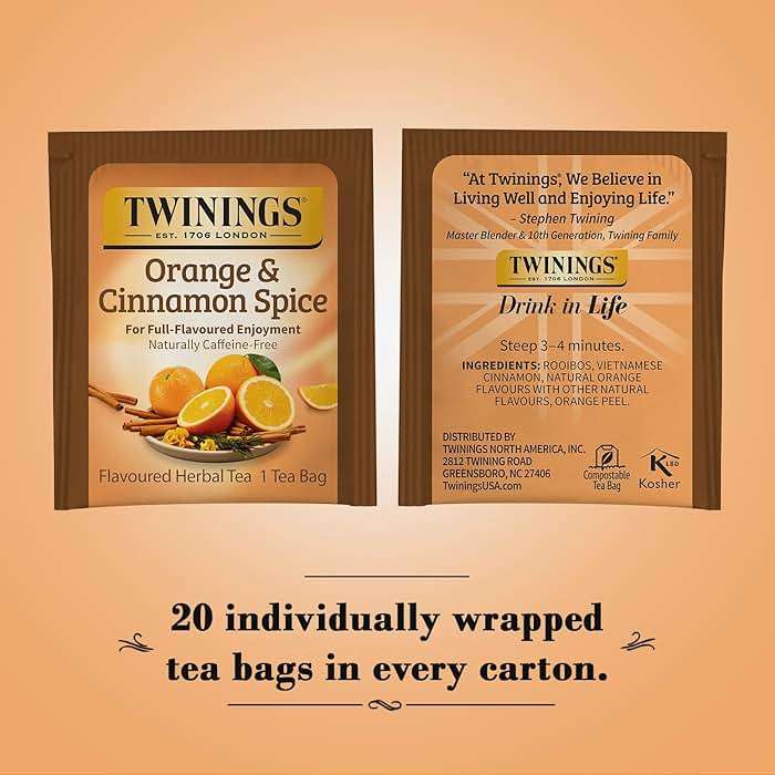 Twinings Orange & Cinnamon Spice Tea, Naturally Caffeine-Free Sweet and Spicy Tea with Rooibos, Orange, and Cinnamon, Herbal Tea Bags Individually Wrapped, 20 Count - Image 3