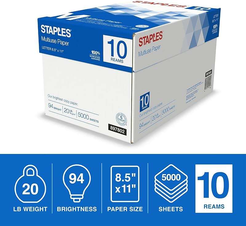 Staples Multipurpose Copy Printer Paper, 20 lb, 8.5 x 11 Inches, 10 Reams, 94 Bright, White - Image 3