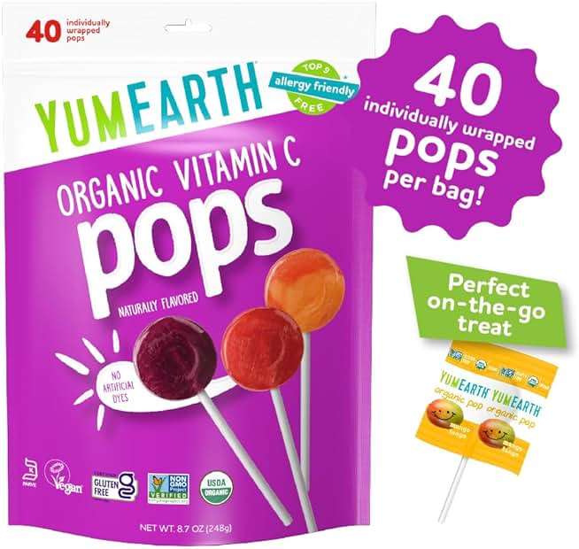 YumEarth Organic Vitamin C Pops Variety Pack, 40 Fruit Flavored Favorites Lollipops, Allergy Friendly, Gluten Free, Non-GMO, Vegan, No Artificial Dyes - Image 3