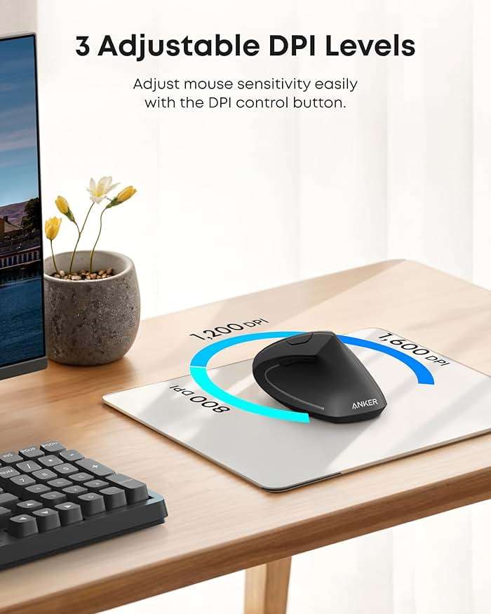 Anker 2.4G Wireless Vertical Ergonomic Optical Mouse for Work, Multi-Device Connectivity, 800/1200 /1600 DPI, 5 Buttons for Laptop, Desktop, PC - Black - Image 3