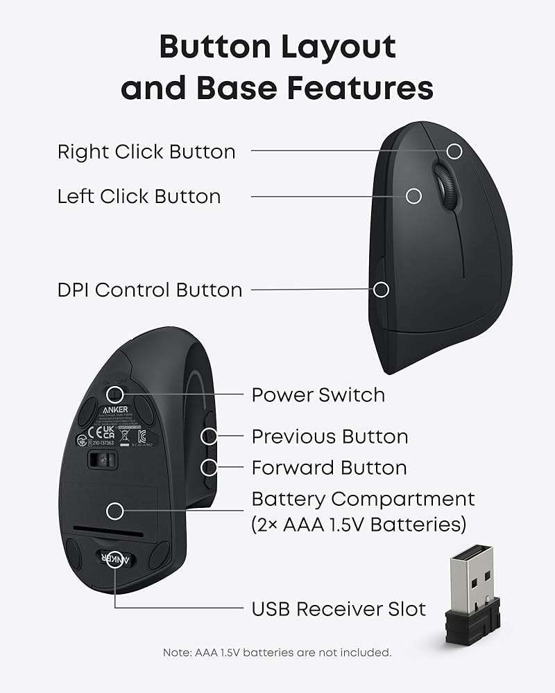 Anker 2.4G Wireless Vertical Ergonomic Optical Mouse for Work, Multi-Device Connectivity, 800/1200 /1600 DPI, 5 Buttons for Laptop, Desktop, PC - Black - Image 4