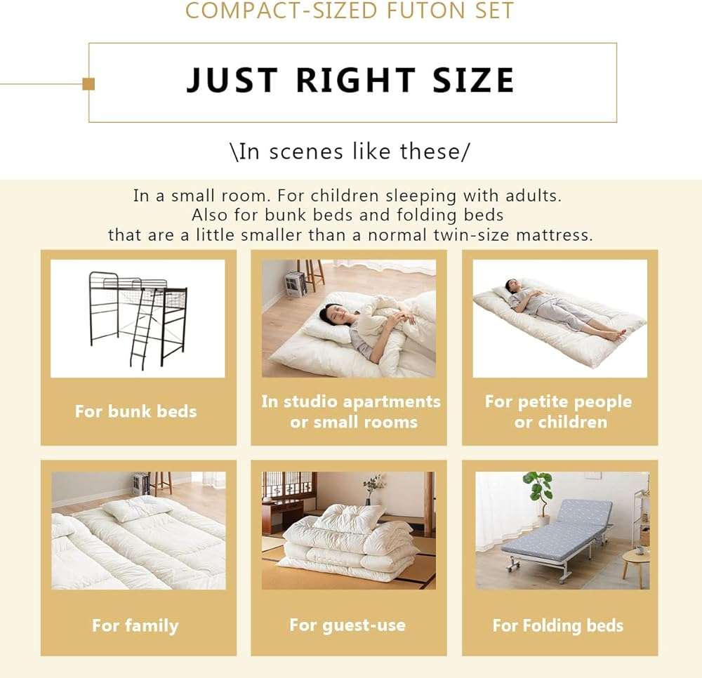 EMOOR Space-Saving Japanese Futon Set (Futon Mattress, Comforter & Pillow) Compact-Twin, Made in Japan, Foldable Floor Sleeping Mattress Shikibuton Tatami Mat Camp Guest-Use - Image 3