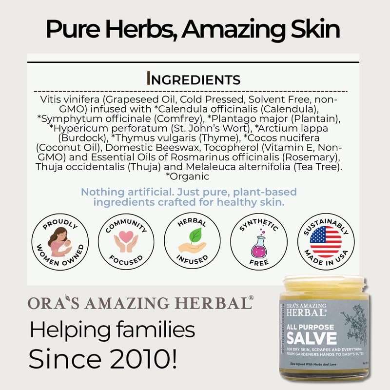 Ora's Amazing Herbal All Purpose Salve, Natural Healing Ointment, Tea Tree Oil Skin Balm, Comfrey Calendula Thyme Plantain, Hand Salve, Rash Cream, Dry Skin Repair, Itch Relief, 1 oz Glass Jar - Image 5