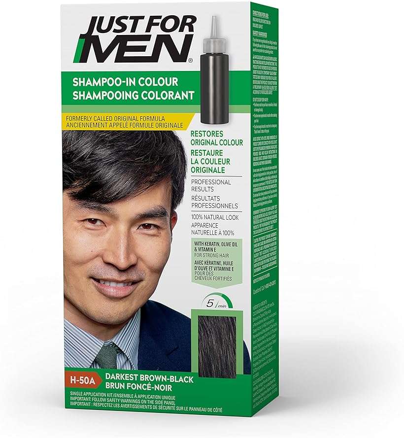 Just For Men Shampoo-In Color (Formerly Original Formula), Mens Hair Color with Keratin and Vitamin E for Stronger Hair - Darkest Brown-Black, H-50A, Pack of 1 - Image 1