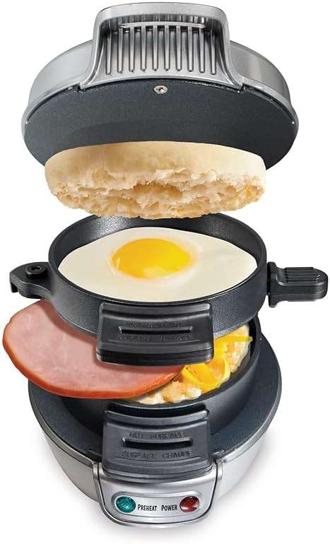 Hamilton Beach Breakfast Sandwich Maker with Egg Cooker Ring, Customize Ingredients, Perfect for English Muffins, Croissants, Mini Waffles, Perfect White Elephant Gifts, Silver (25475) - Image 1