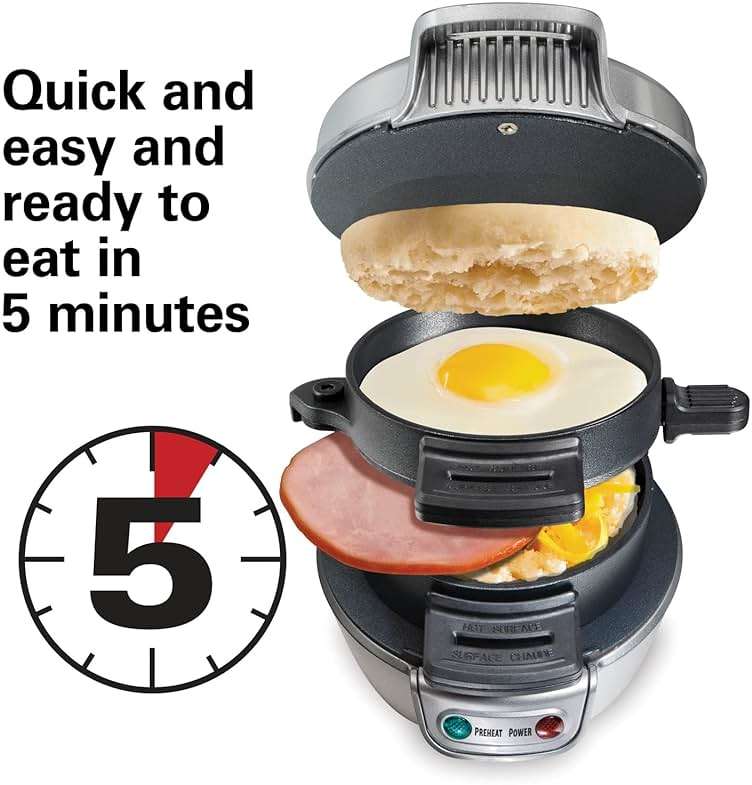 Hamilton Beach Breakfast Sandwich Maker with Egg Cooker Ring, Customize Ingredients, Perfect for English Muffins, Croissants, Mini Waffles, Perfect White Elephant Gifts, Silver (25475) - Image 3