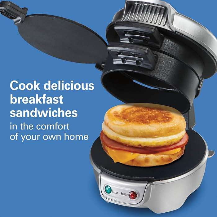 Hamilton Beach Breakfast Sandwich Maker with Egg Cooker Ring, Customize Ingredients, Perfect for English Muffins, Croissants, Mini Waffles, Perfect White Elephant Gifts, Silver (25475) - Image 4