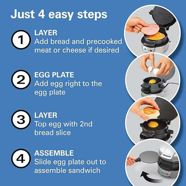 Hamilton Beach Breakfast Sandwich Maker with Egg Cooker Ring, Customize Ingredients, Perfect for English Muffins, Croissants, Mini Waffles, Perfect White Elephant Gifts, Silver (25475) - Image 6