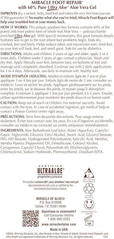 Miracle Foot Repair Cream, (1 oz / 3 Pack) Repairs Dry Cracked Heels and Feet, 60% Pure UltraAloe Moisturizes, Softens, and Repairs - Image 6