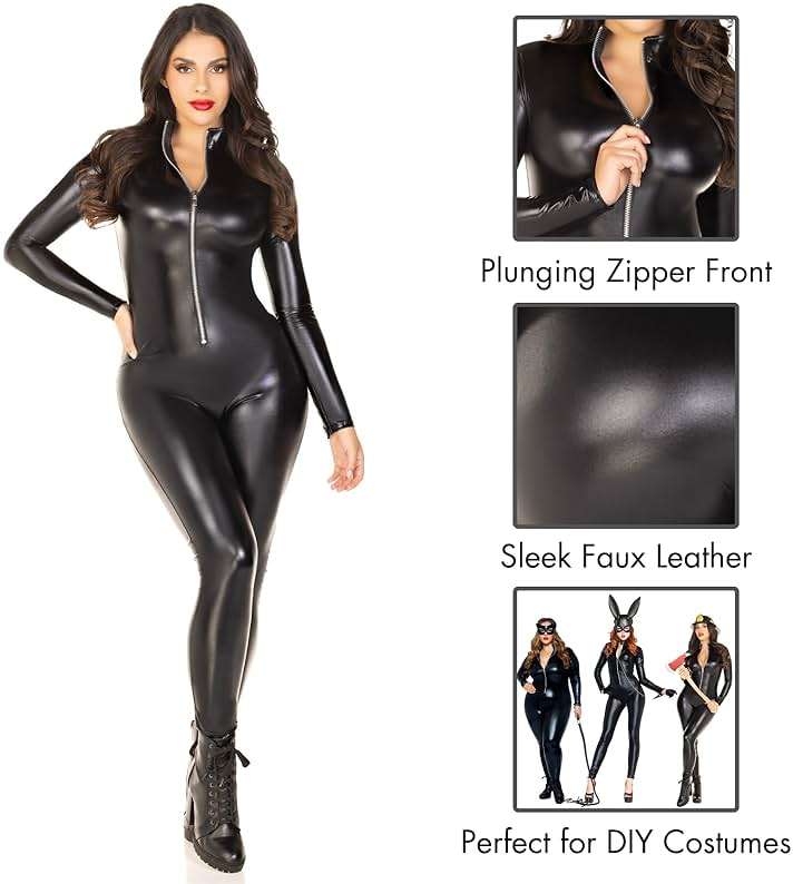 Leg Avenue Women's Wet Look Zipper Front Catsuit Sexy Halloween Costume, Black, MEDIUM - Image 4