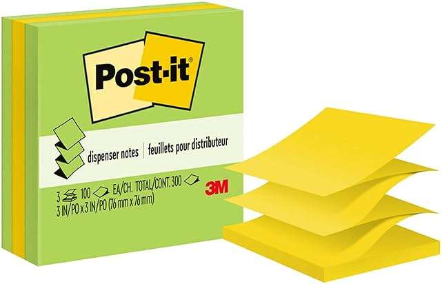 Post-it Pop-up Notes, 3 Sticky Note Pads, 3 x 3 in., School Supplies, Office Products, Accordion Sticky Notes Work with Pop-Up Note Dispenser, Green and Yellow Colors - Image 1