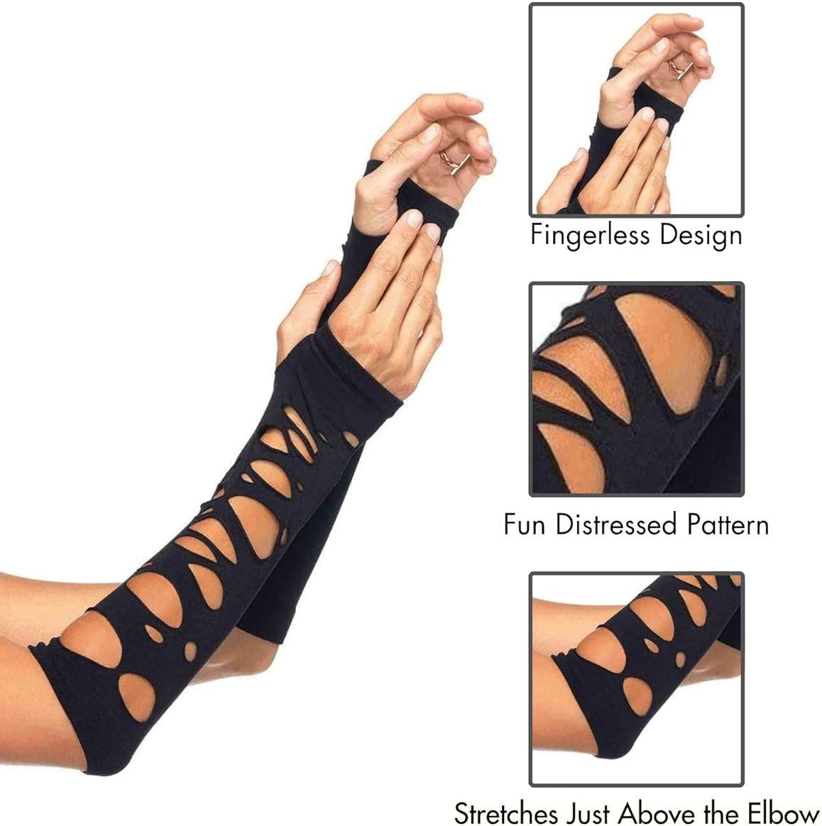 Leg Avenue Womens Distressed Glove Arm Warmers Costume Accessory, Black Distressed, O/S - Image 2