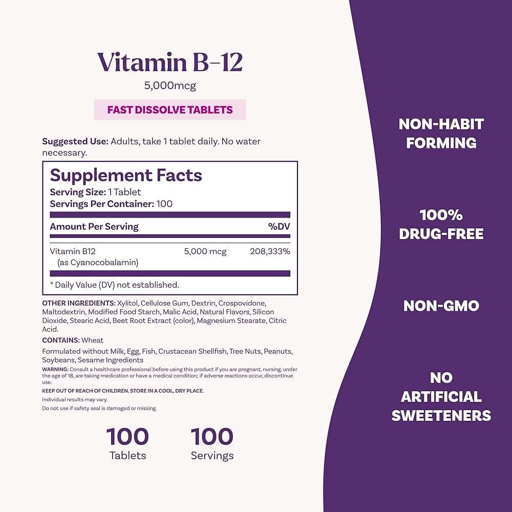 Natrol Vitamin B12 5000 mcg Fast Dissolve B12 Supplement, 100 Tablets - Image 6