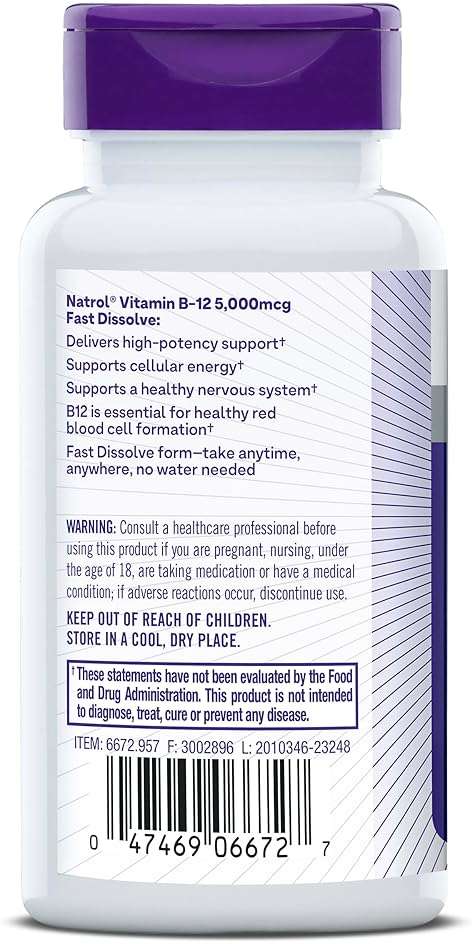 Natrol Vitamin B12 5000 mcg Fast Dissolve B12 Supplement, 100 Tablets - Image 10