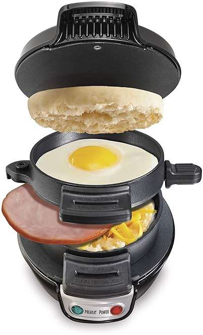 Hamilton Beach Breakfast Sandwich Maker with Egg Cooker Ring, Customize Ingredients, Perfect for English Muffins, Croissants, Mini Waffles, Perfect White Elephant Gifts, Black (25477) - Image 1