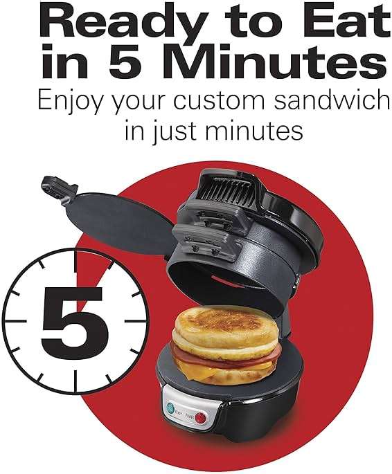 Hamilton Beach Breakfast Sandwich Maker with Egg Cooker Ring, Customize Ingredients, Perfect for English Muffins, Croissants, Mini Waffles, Perfect White Elephant Gifts, Black (25477) - Image 8