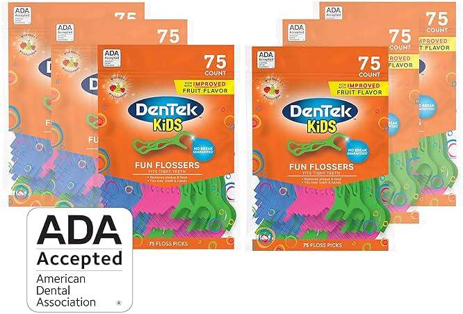DenTek Fun Flossers – Kids Floss Picks with Wild Fruit Flavor, 75 Count, Pack of 6 - Image 1