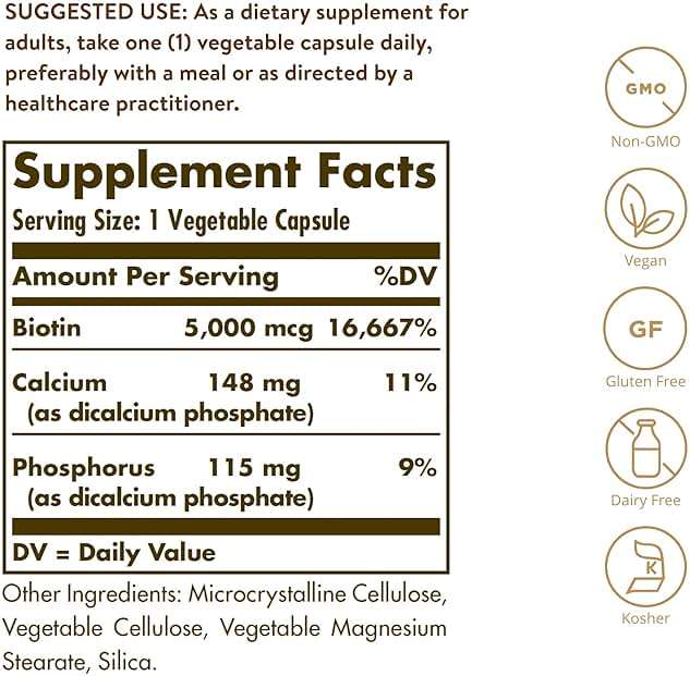 Solgar Biotin 5000 mcg - Promote Healthy Skin, Nails & Hair - Supports Energy Production, Protein, Carbohydrate & Fat Metabolism - Vitamin B - Non GMO, Vegan, Gluten Free - 100 Servings, Unflavored, Standard Packaging, 100 Count - Image 3