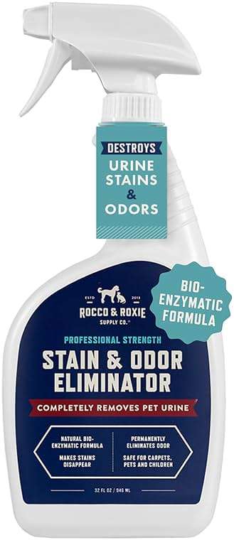 Rocco & Roxie Supply Co. Stain & Strong Odor Eliminator, Enzyme Cleaner, Pet Odor Eliminator for Home - Carpet Stain Remover for Cats & Dog Pee - Urine Destroyer - Carpet Cleaner Spray Clear, 32 Fl Oz - Image 1