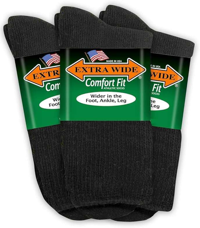 Extra Wide Athletic Crew Socks - Superior Stretch, Wide Foot, Ankle & Calf - 3 Pack, Up to 6E Width, Non-binding - USA - Image 1