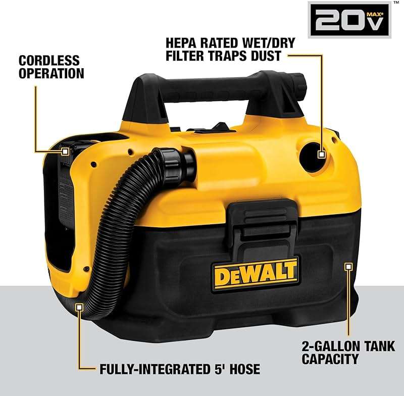 DEWALT 20V MAX Cordless Shop Vac, Wet Dry Vacuum Cleaner, Portable 2 Gallon Wet Dry Vac, Strong Suction Shop Vacuum with Hepa Filter, Tool Only (DCV580H) - Image 4