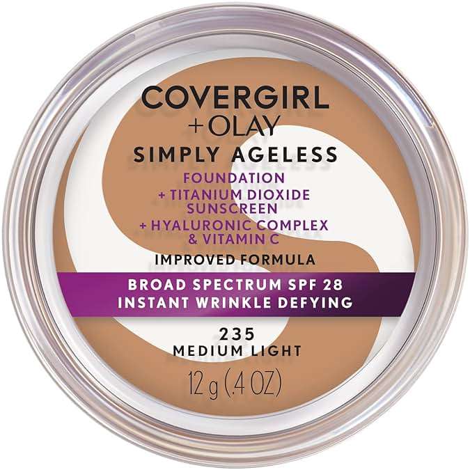 COVERGIRL Simply Ageless Instant Wrinkle Defying Foundation, SPF 28, Hyaluronic Complex & Vitamin C - 235 Medium Light, Pack of 1 - Image 1