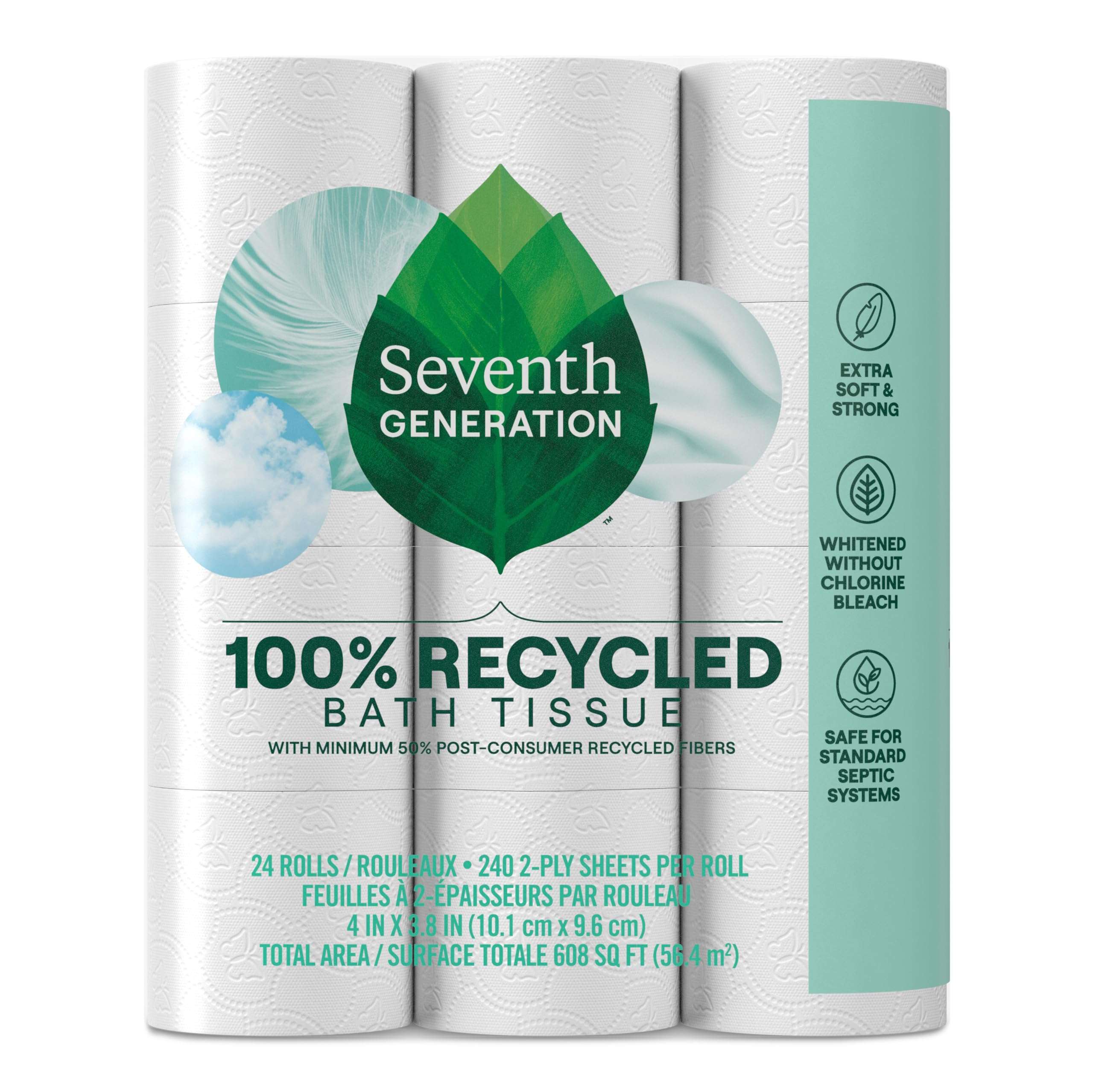 Seventh Generation Toilet Paper, 100% Recycled 2-Ply Bath Tissue, 2 Pack x 12 Rolls of 240 Sheets, Extra Soft, Strong for Home & RV, Whitened without Chlorine Bleach, No Dyes, Fragrances, Septic Safe - Image 1
