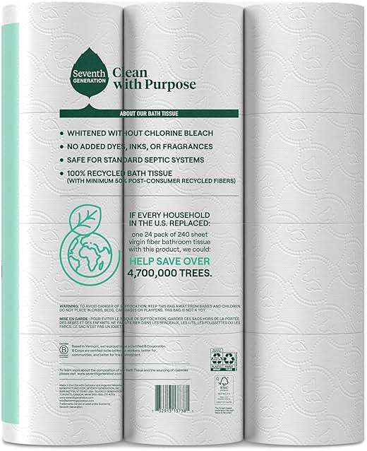 Seventh Generation Toilet Paper, 100% Recycled 2-Ply Bath Tissue, 2 Pack x 12 Rolls of 240 Sheets, Extra Soft, Strong for Home & RV, Whitened without Chlorine Bleach, No Dyes, Fragrances, Septic Safe - Image 2